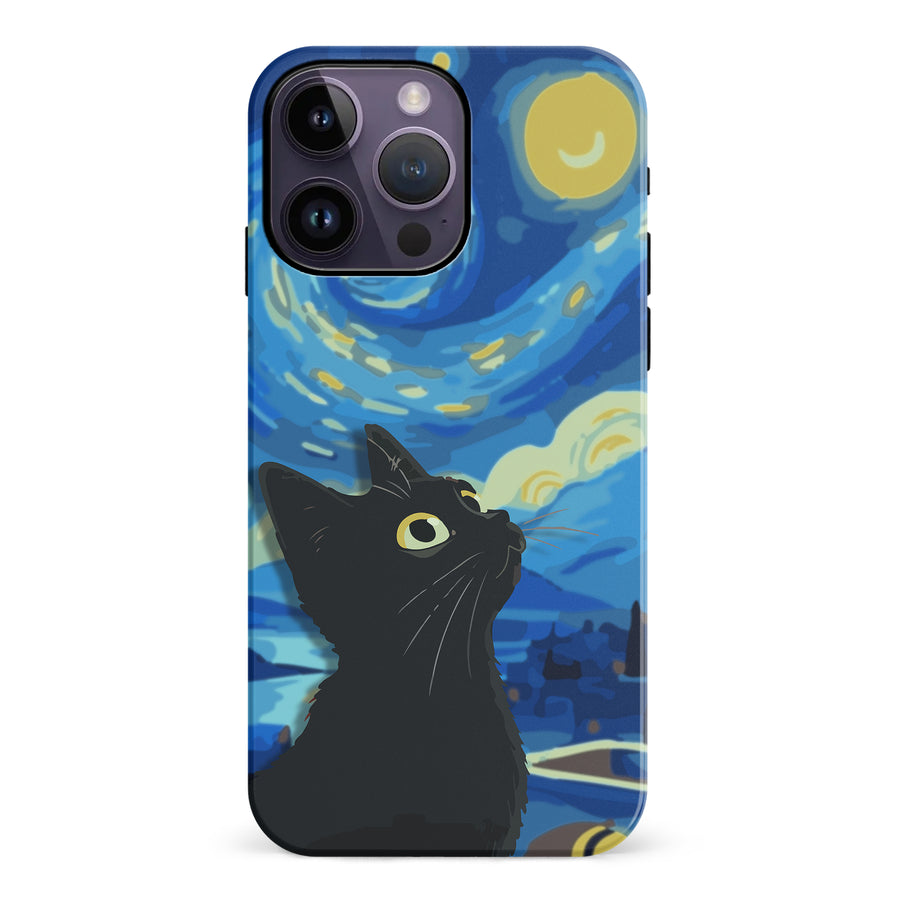 iPhone 14 Pro Max Starry Night with Black Cat Artistic Design Cat Phone Case