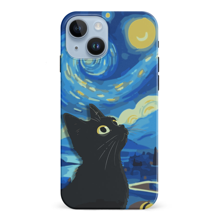 iPhone 15 Starry Night with Black Cat Artistic Design Cat Phone Case