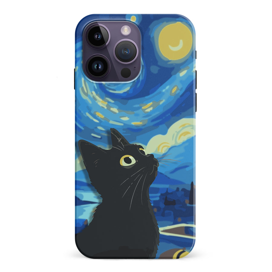 iPhone 15 Pro Starry Night with Black Cat Artistic Design Cat Phone Case