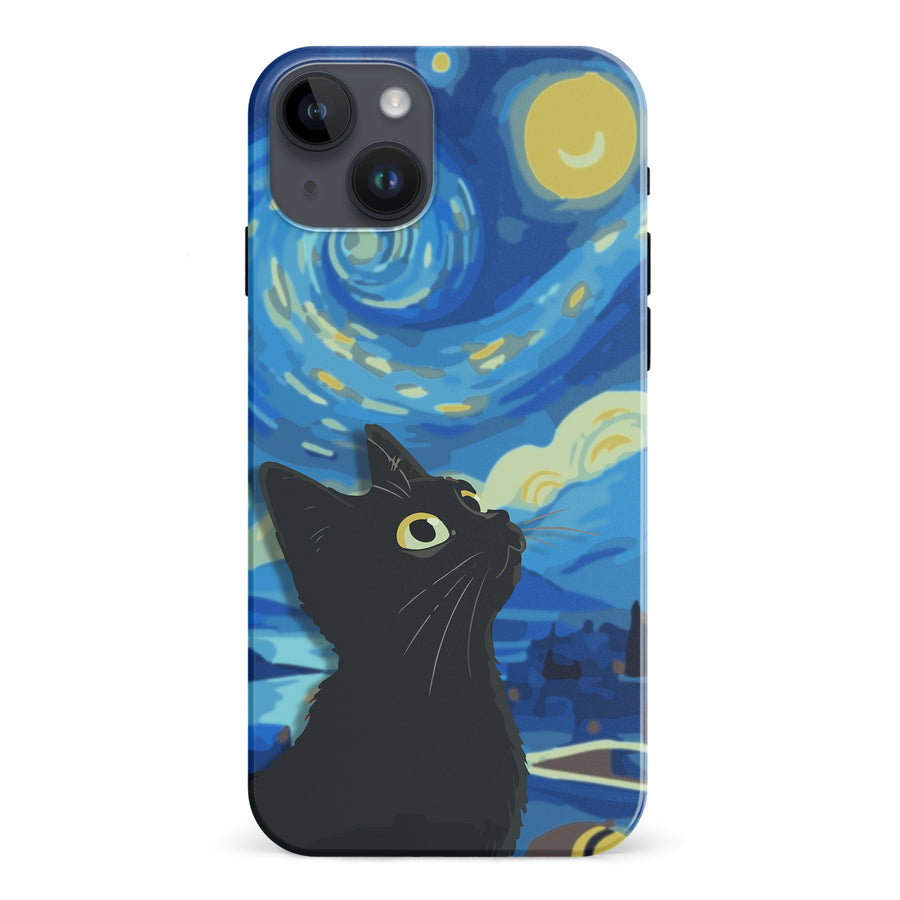 iPhone 15 Plus Starry Night with Black Cat Artistic Design Cat Phone Case