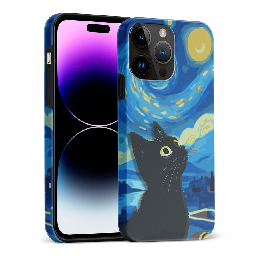 iPhone 15 Pro Max Starry Night with Black Cat Artistic Design Cat Phone Case