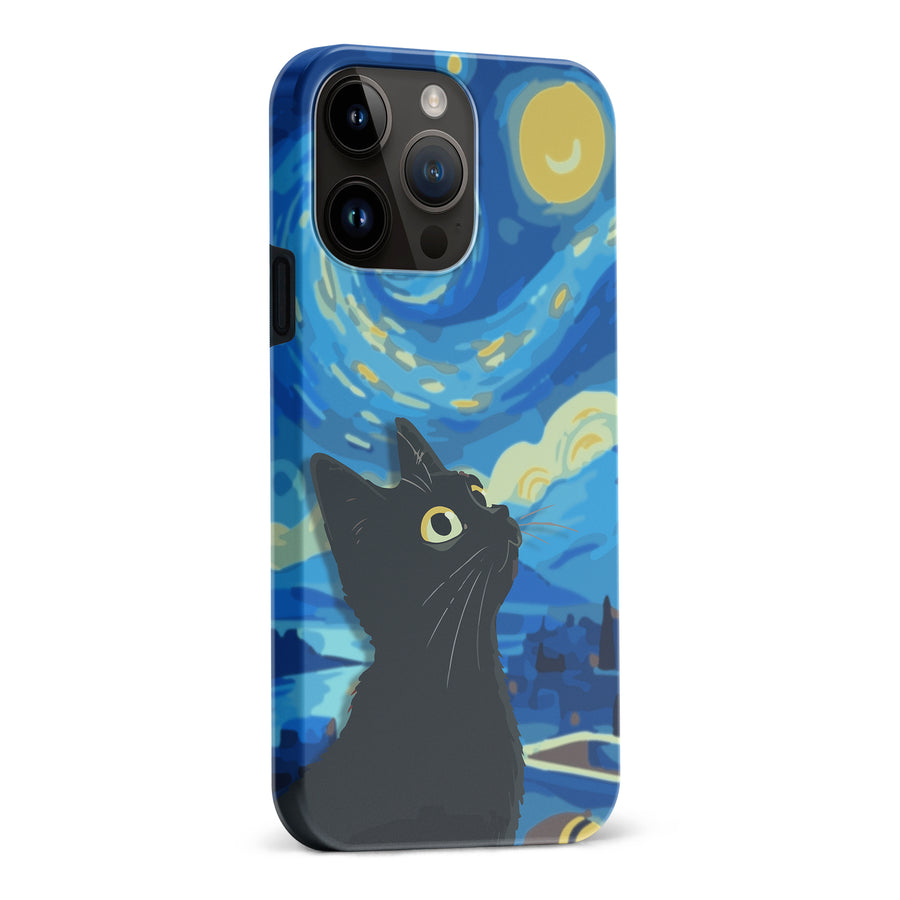 iPhone 15 Pro Max Starry Night with Black Cat Artistic Design Cat Phone Case