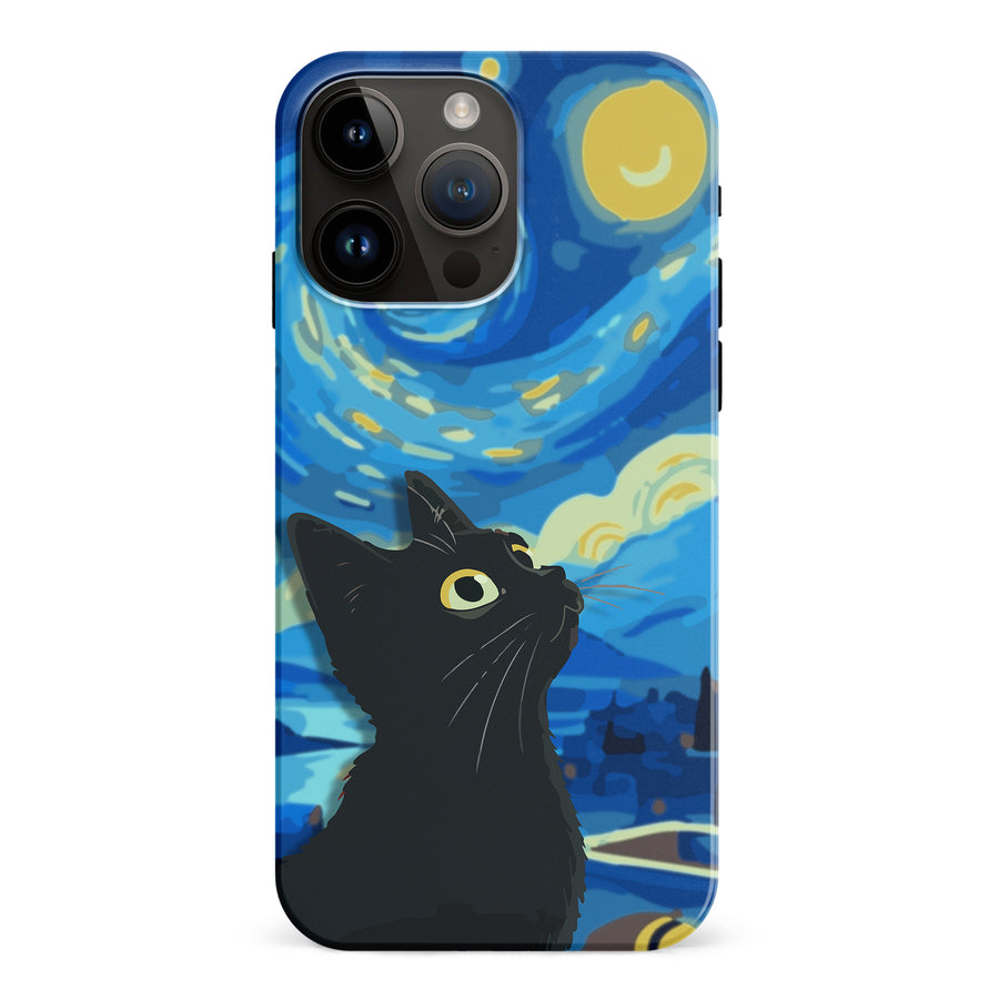 iPhone 15 Pro Max Starry Night with Black Cat Artistic Design Cat Phone Case