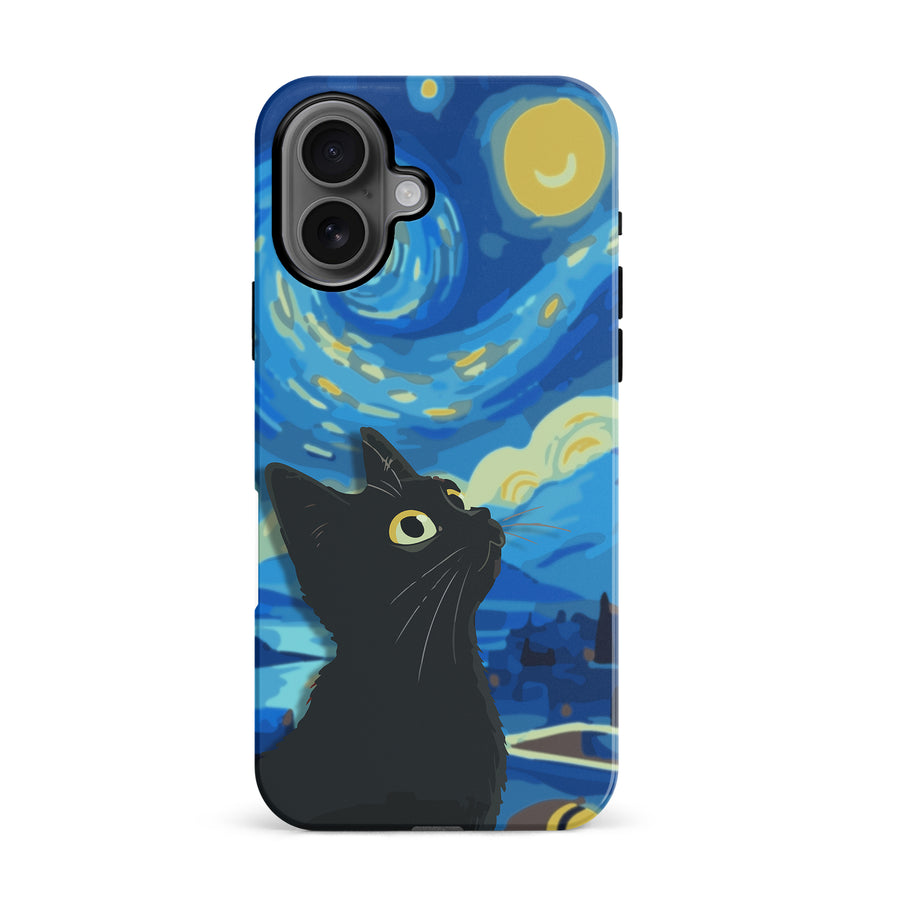 iPhone 16 Starry Night with Black Cat Artistic Design Cat Phone Case