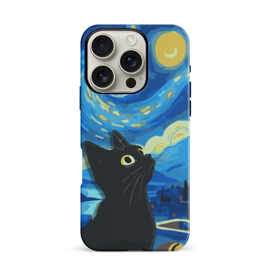 iPhone 16 Pro Starry Night with Black Cat Artistic Design Cat Phone Case