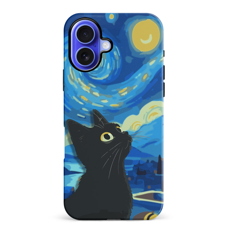 iPhone 16 Plus Starry Night with Black Cat Artistic Design Cat Phone Case