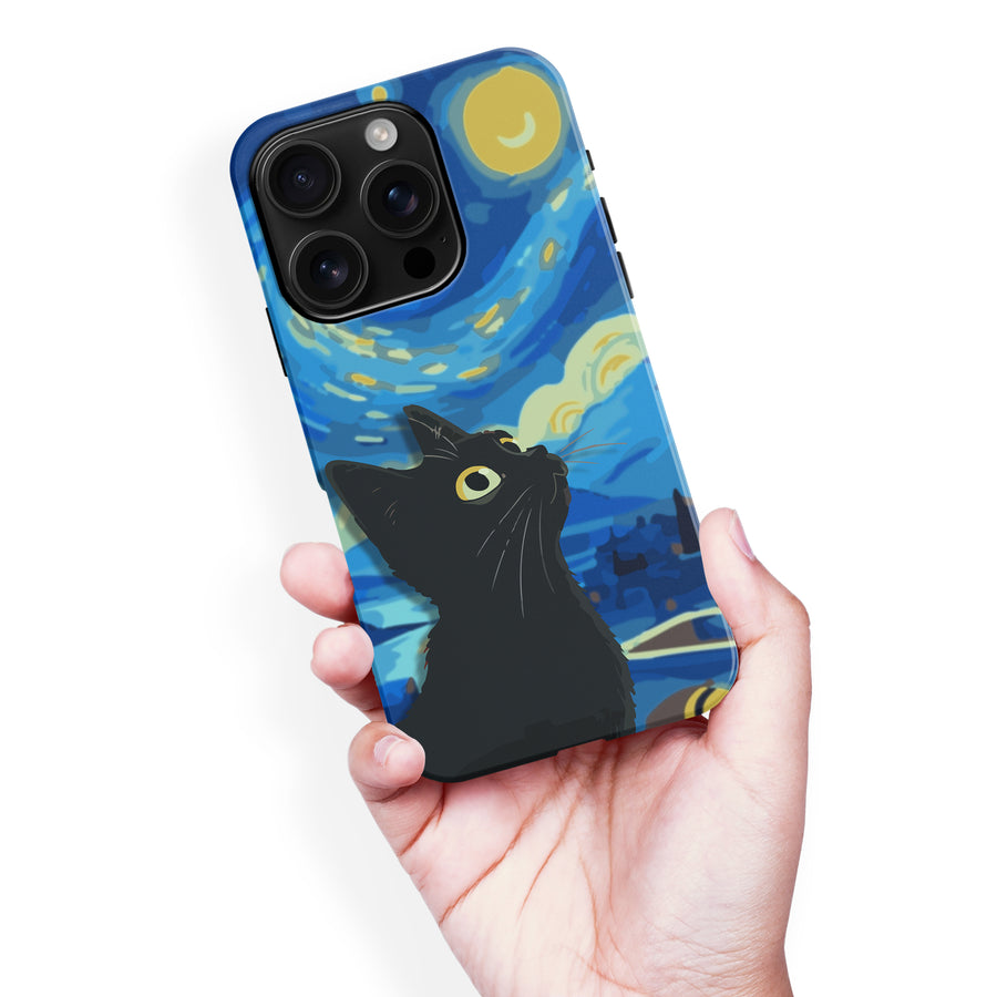 iPhone 16 Pro Max Starry Night with Black Cat Artistic Design Cat Phone Case