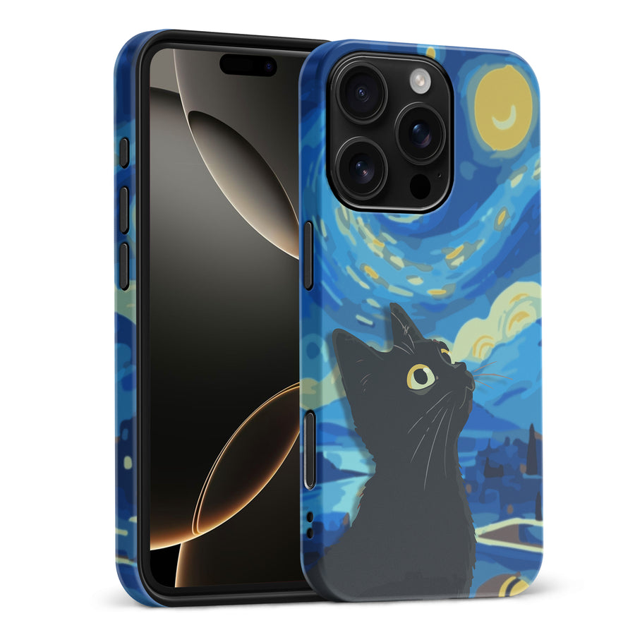 iPhone 16 Pro Max Starry Night with Black Cat Artistic Design Cat Phone Case