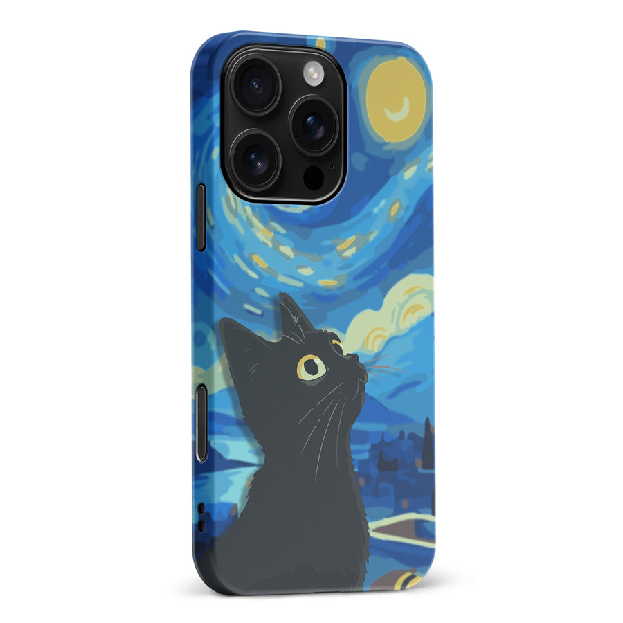 iPhone 16 Pro Max Starry Night with Black Cat Artistic Design Cat Phone Case