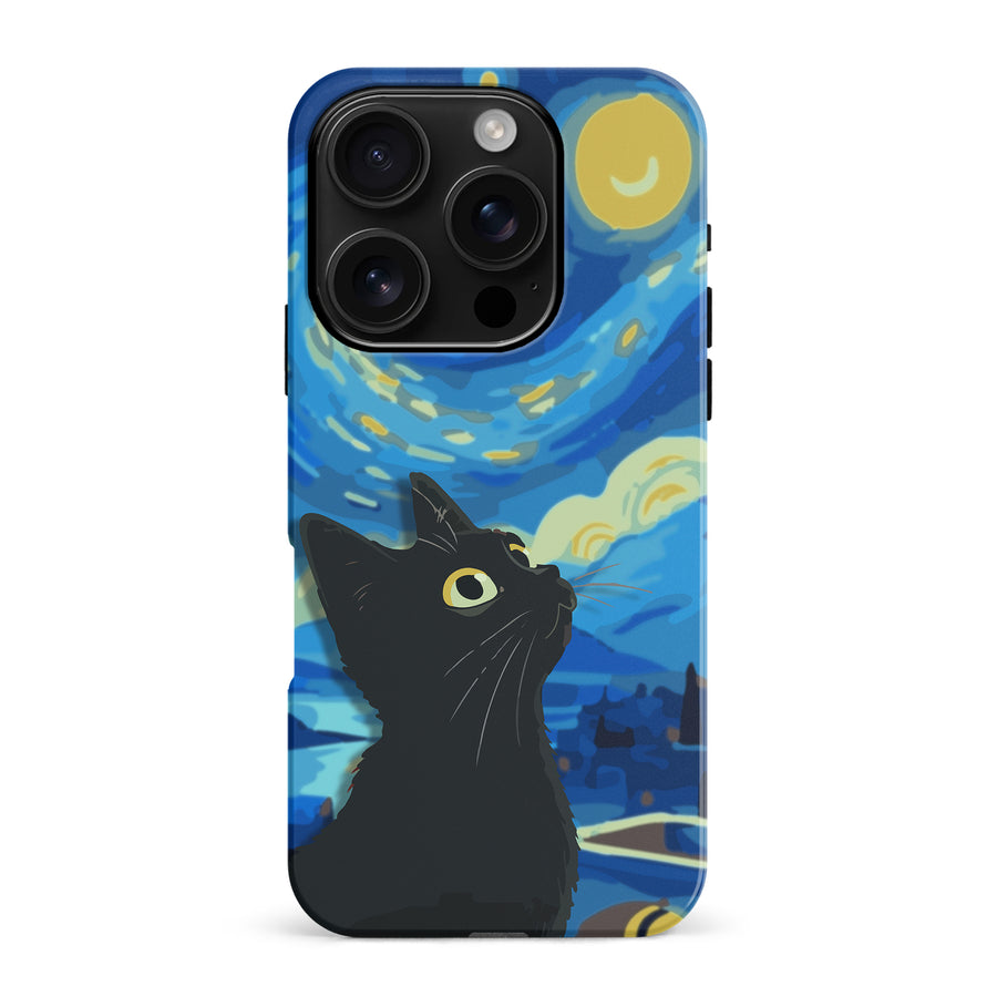 iPhone 16 Pro Max Starry Night with Black Cat Artistic Design Cat Phone Case