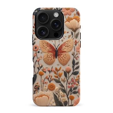 iPhone 16 Pro Max Butterfly Garden Embroidery Cottagecore Style Floral Phone Case