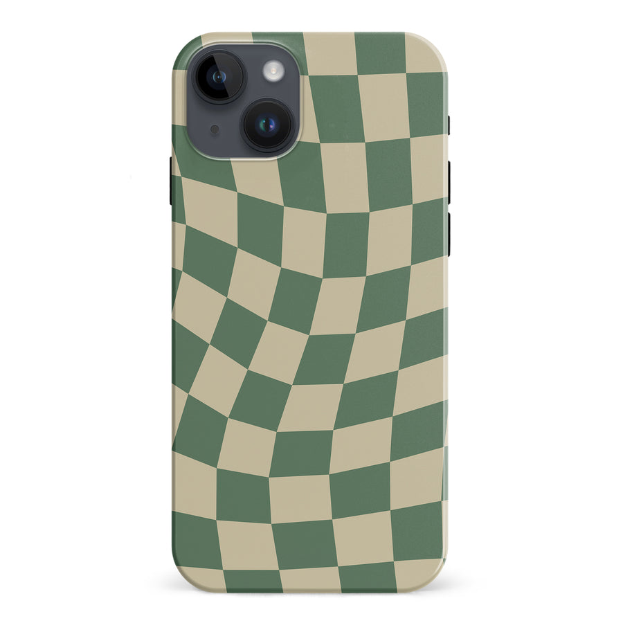 iPhone 15 Plus Vintage Checkered Abstract Pattern Phone Case - Green