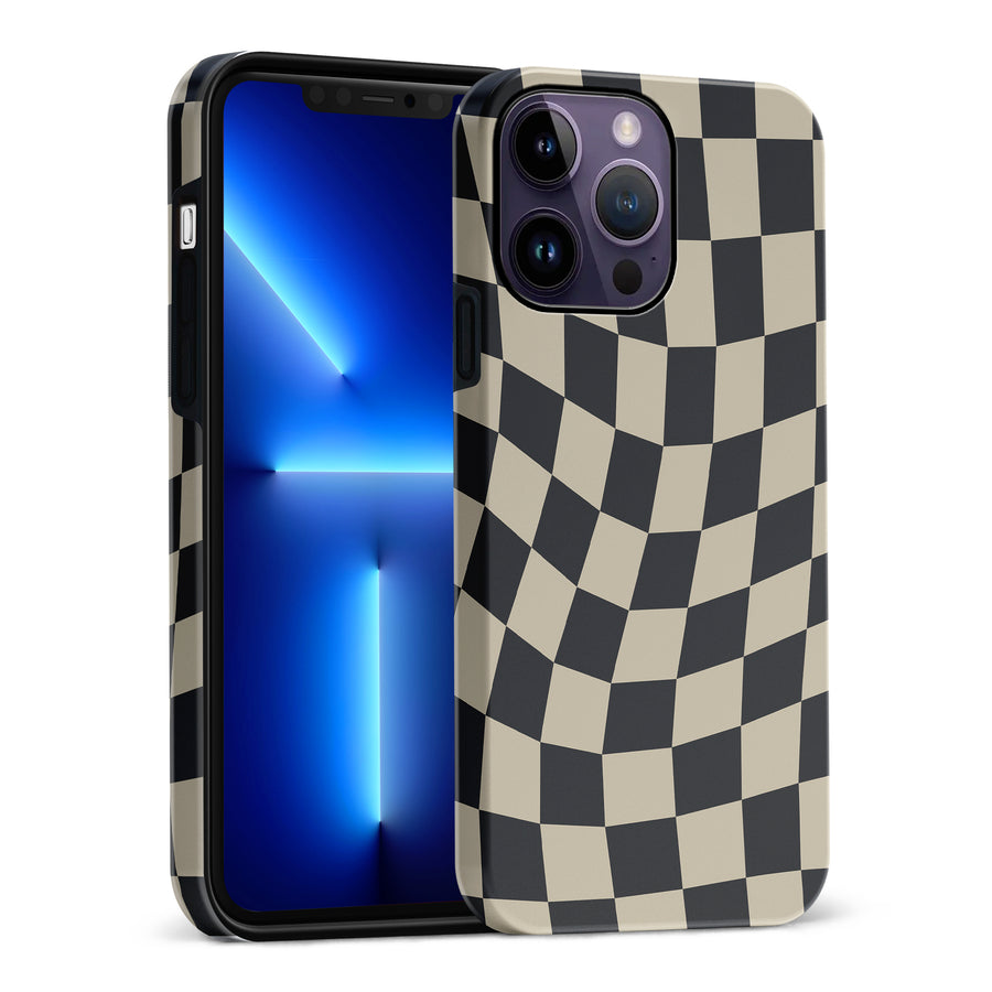 iPhone 14 Pro Max Vintage Checkered Abstract Pattern Phone Case - Black