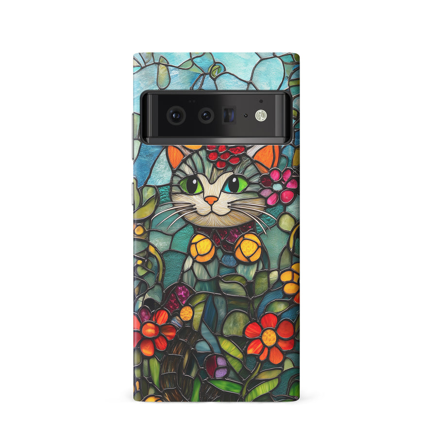 Google Pixel 6 Smiling Lucky Cat Stained Glass Phone Case