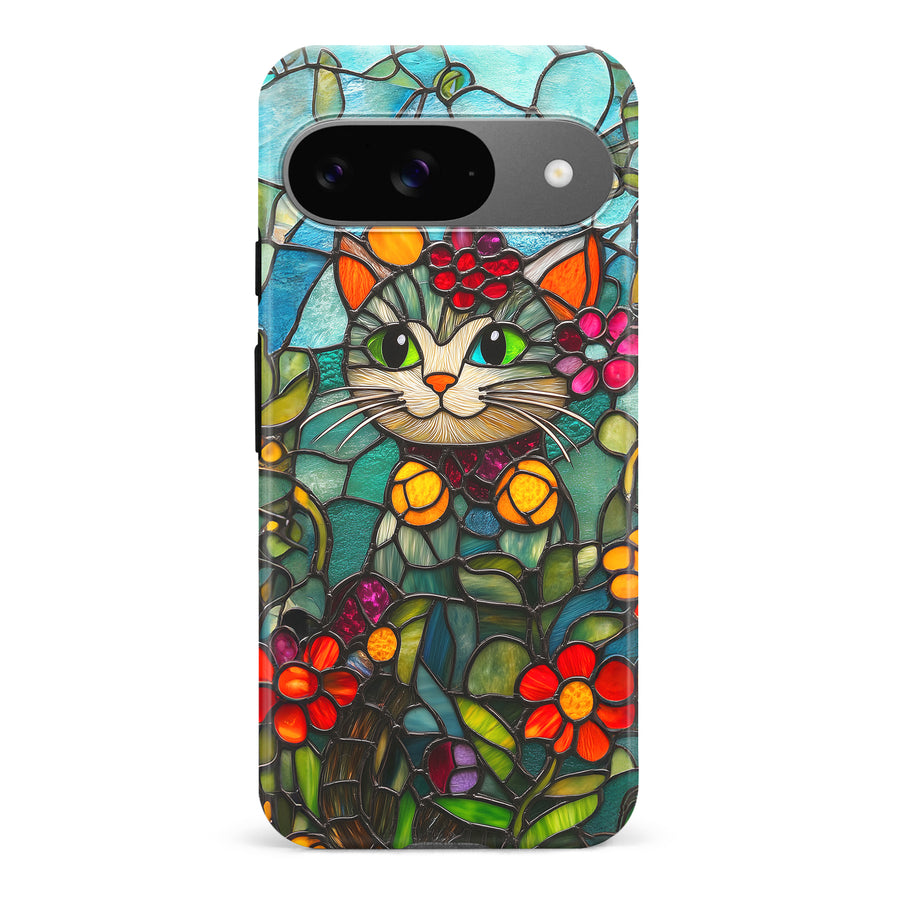 Google Pixel 9 Smiling Lucky Cat Stained Glass Phone Case