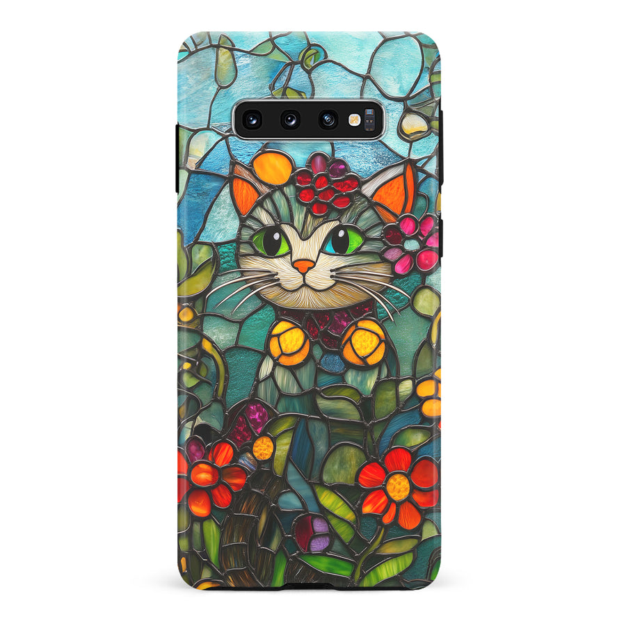 Samsung Galaxy S10 Smiling Lucky Cat Stained Glass Phone Case