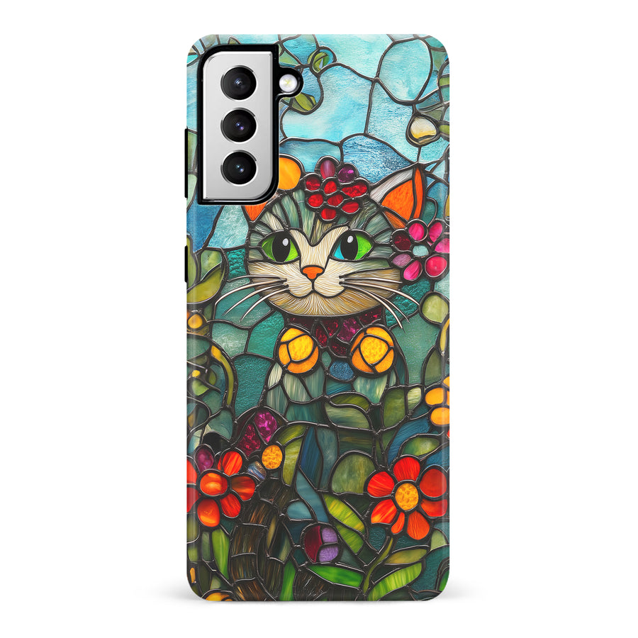 Samsung Galaxy S21 Smiling Lucky Cat Stained Glass Phone Case