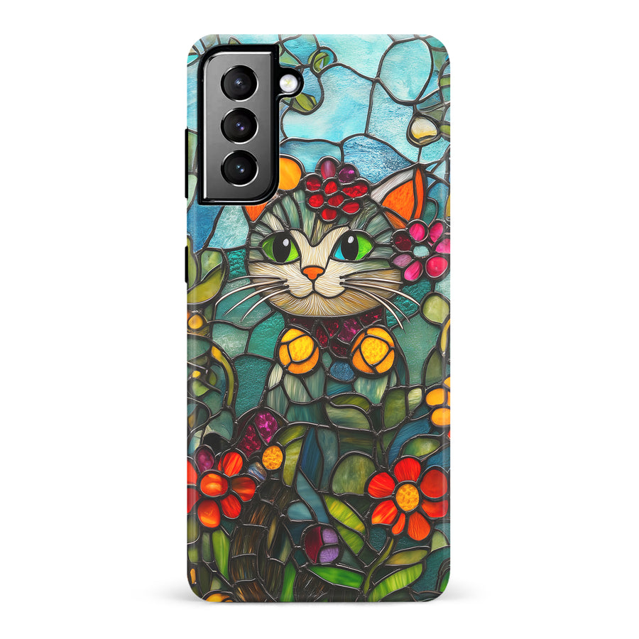 Samsung Galaxy S21 Plus Smiling Lucky Cat Stained Glass Phone Case