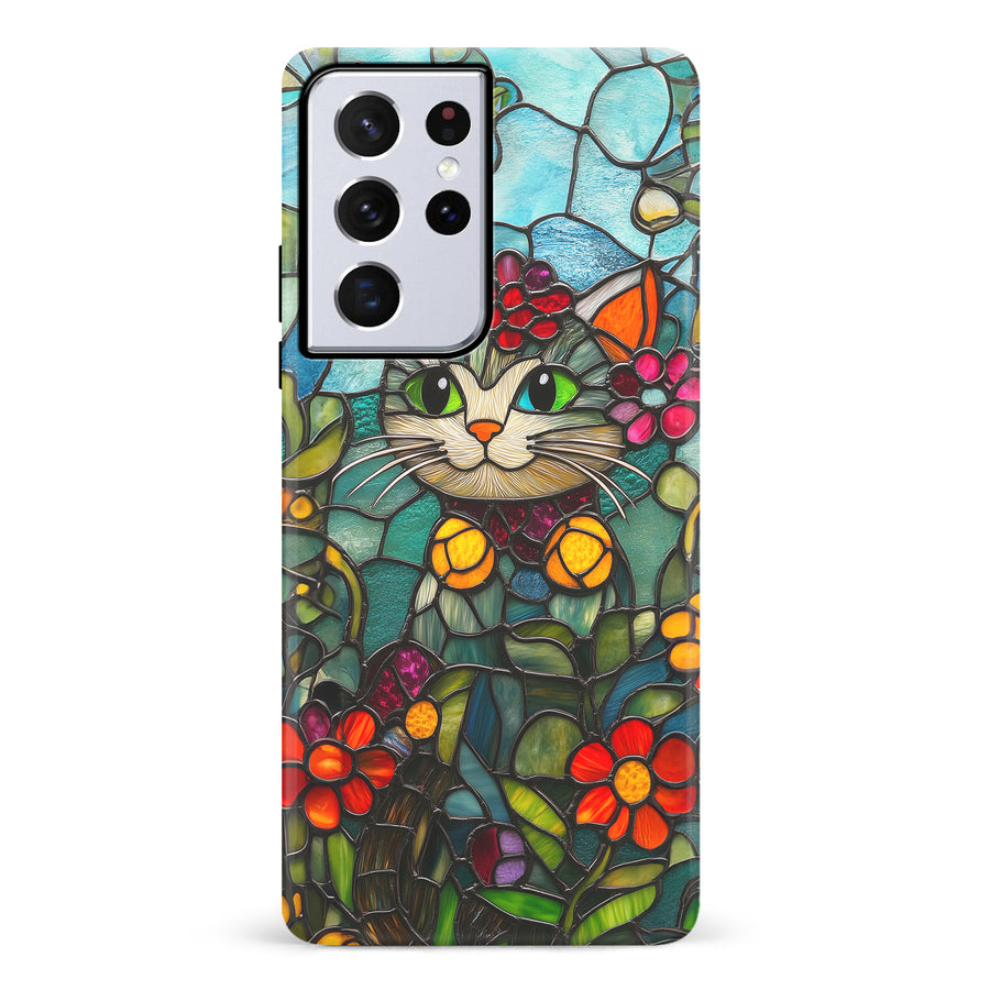 Samsung Galaxy S21 Ultra Smiling Lucky Cat Stained Glass Phone Case