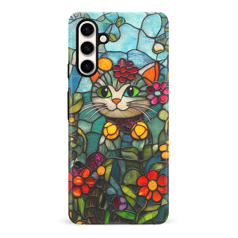 Samsung Galaxy S23 FE Smiling Lucky Cat Stained Glass Phone Case