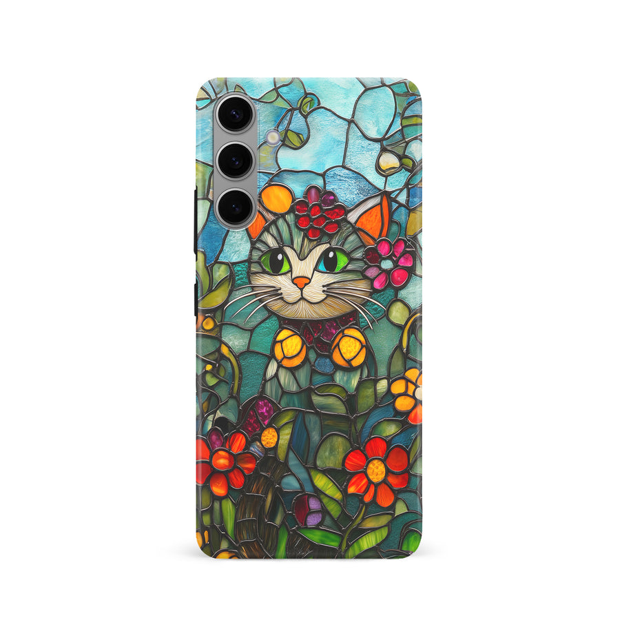 Samsung Galaxy S24 Smiling Lucky Cat Stained Glass Phone Case