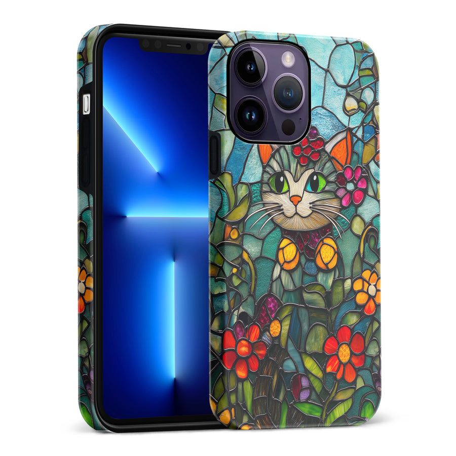 iPhone 14 Pro Max Smiling Lucky Cat Stained Glass Phone Case