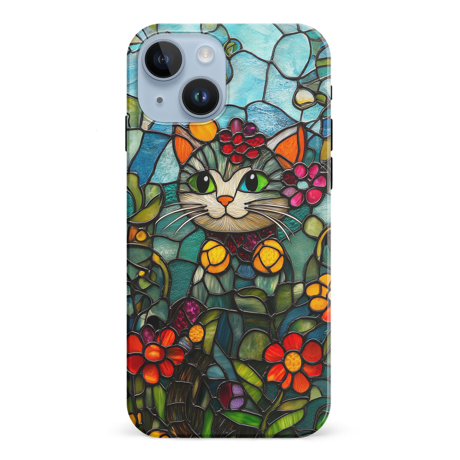 iPhone 15 Smiling Lucky Cat Stained Glass Phone Case