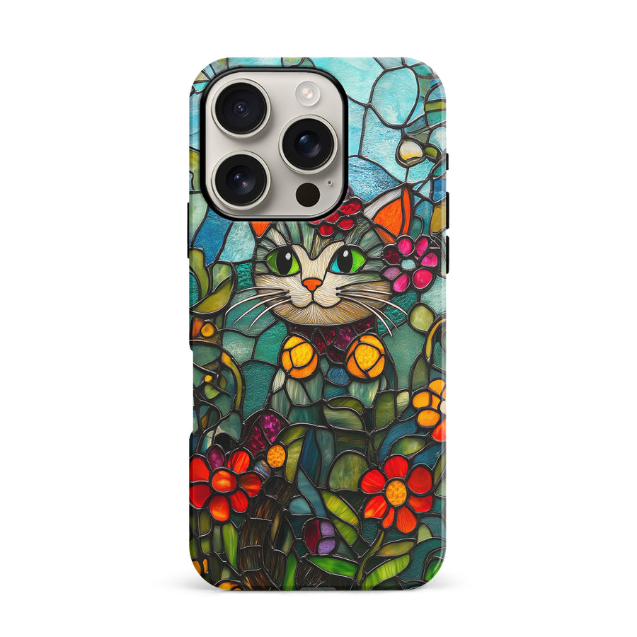 iPhone 16 Pro Smiling Lucky Cat Stained Glass Phone Case