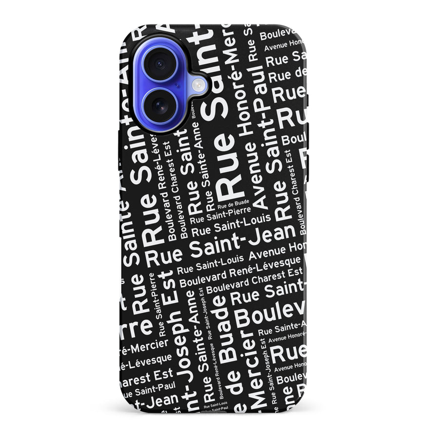 iPhone 16 Plus Quebec Street Names Canadiana Phone Case - Black