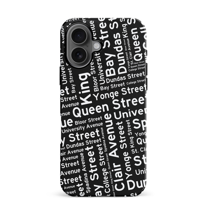 iPhone 16 Toronto Street Names Canadiana Phone Case - Black