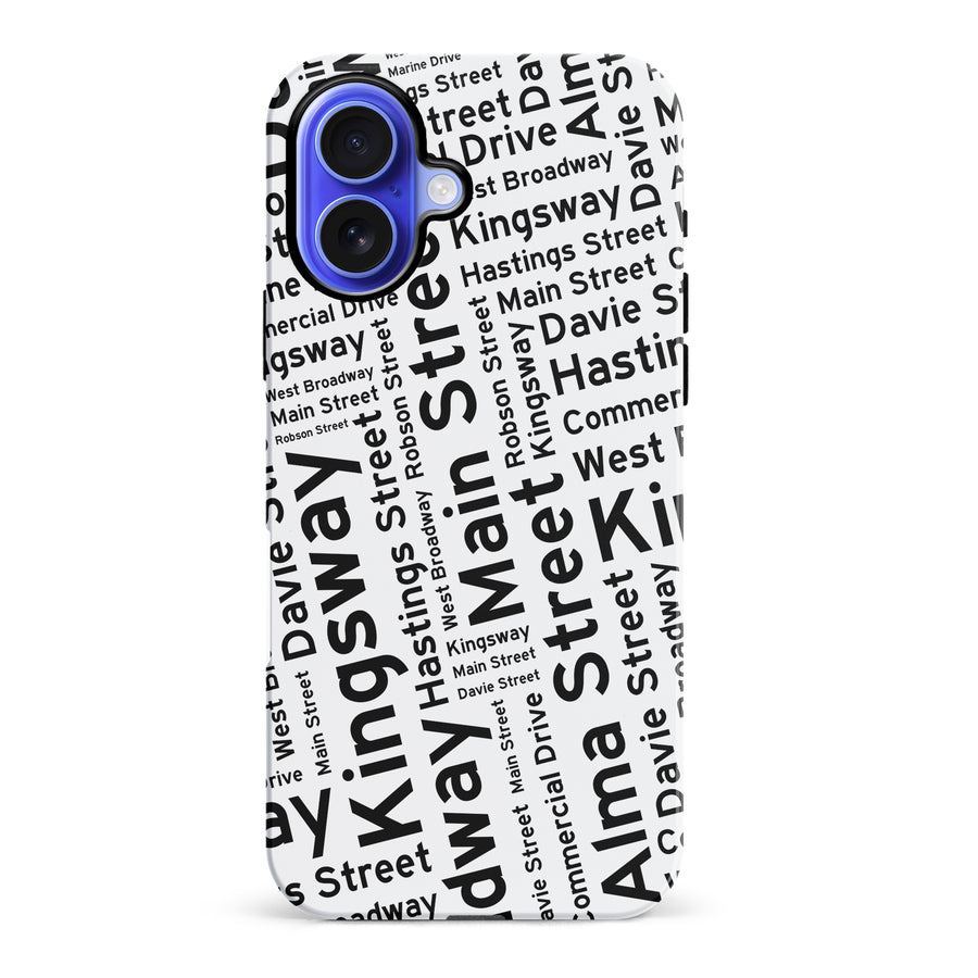 iPhone 16 Plus Vancouver Street Names Canadiana Phone Case - White