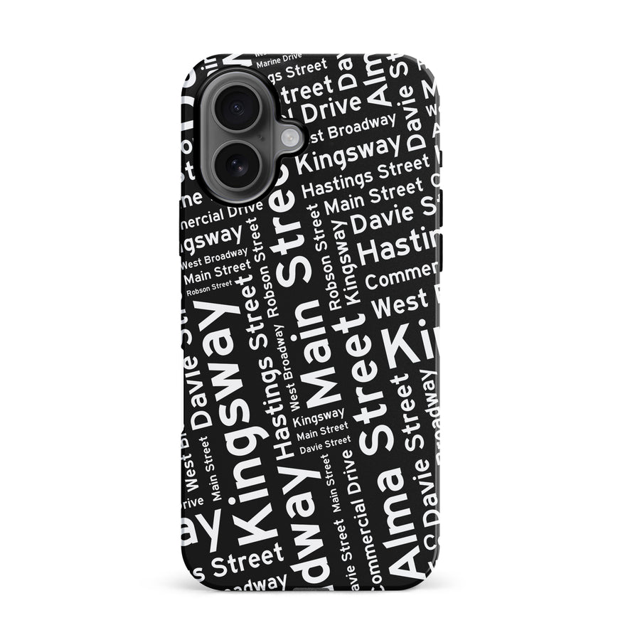 iPhone 16 Vancouver Street Names Canadiana Phone Case - Black