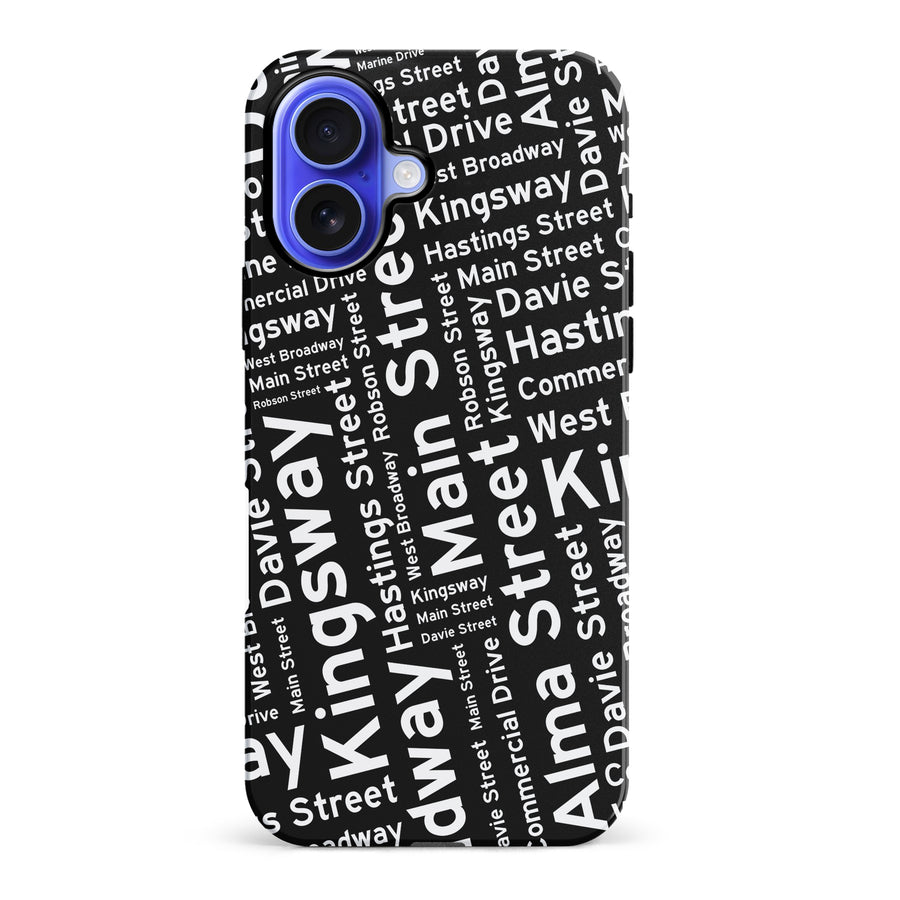 iPhone 16 Plus Vancouver Street Names Canadiana Phone Case - Black