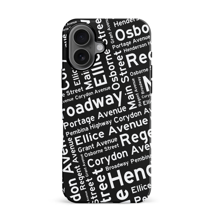 iPhone 16 Winnipeg Street Names Canadiana Phone Case - Black