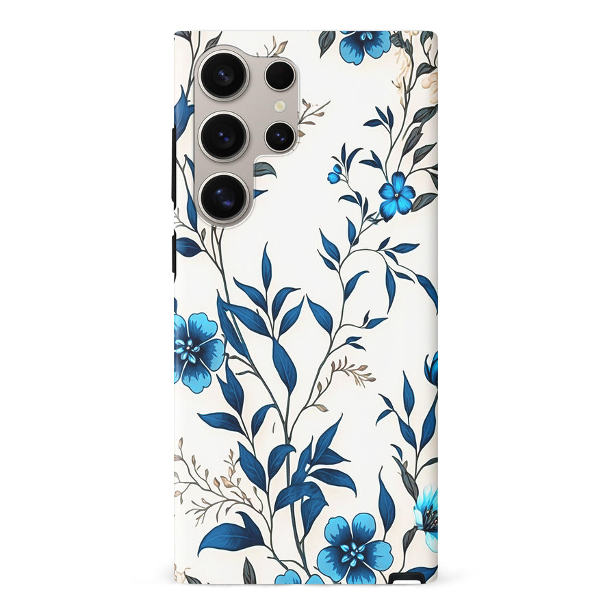 Samsung Galaxy S24 Ultra Blue Hibiscus Phone Case in White