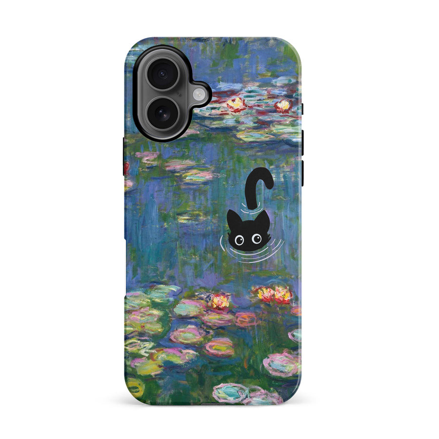 iPhone 16 Black Cat In Water Lilies Phone Case