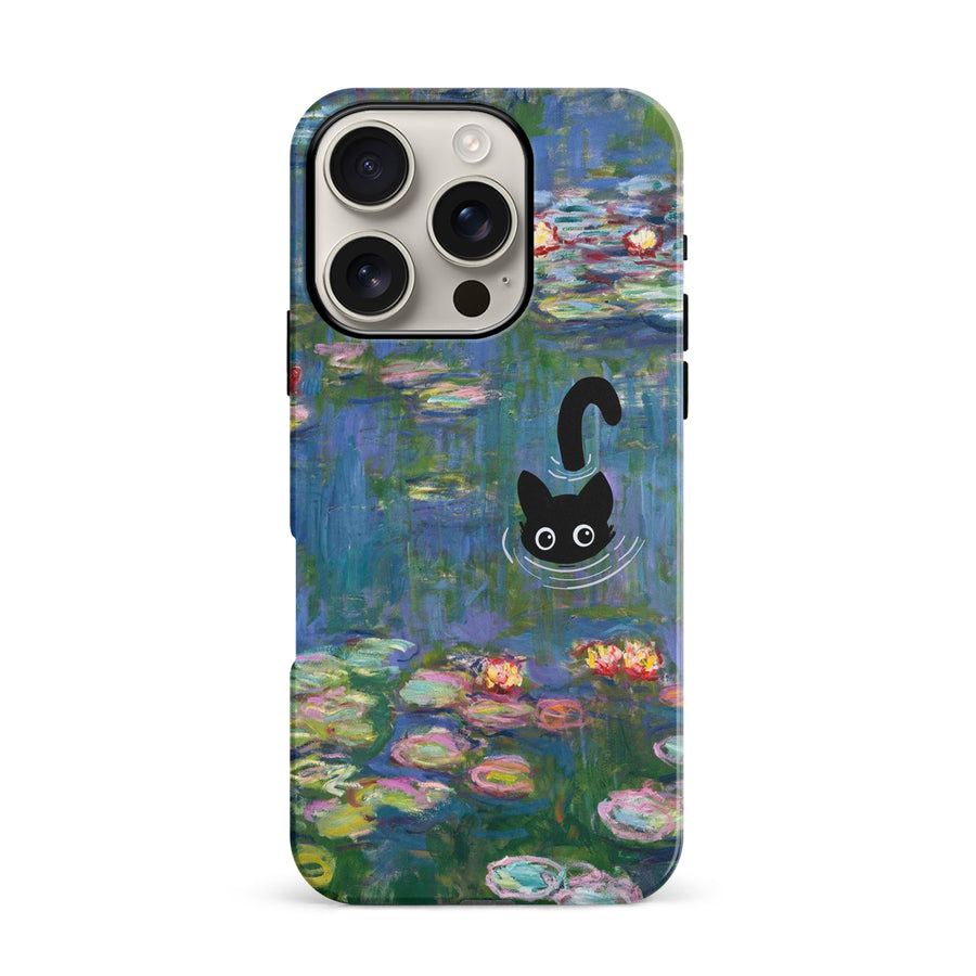 iPhone 16 Pro Black Cat In Water Lilies Phone Case