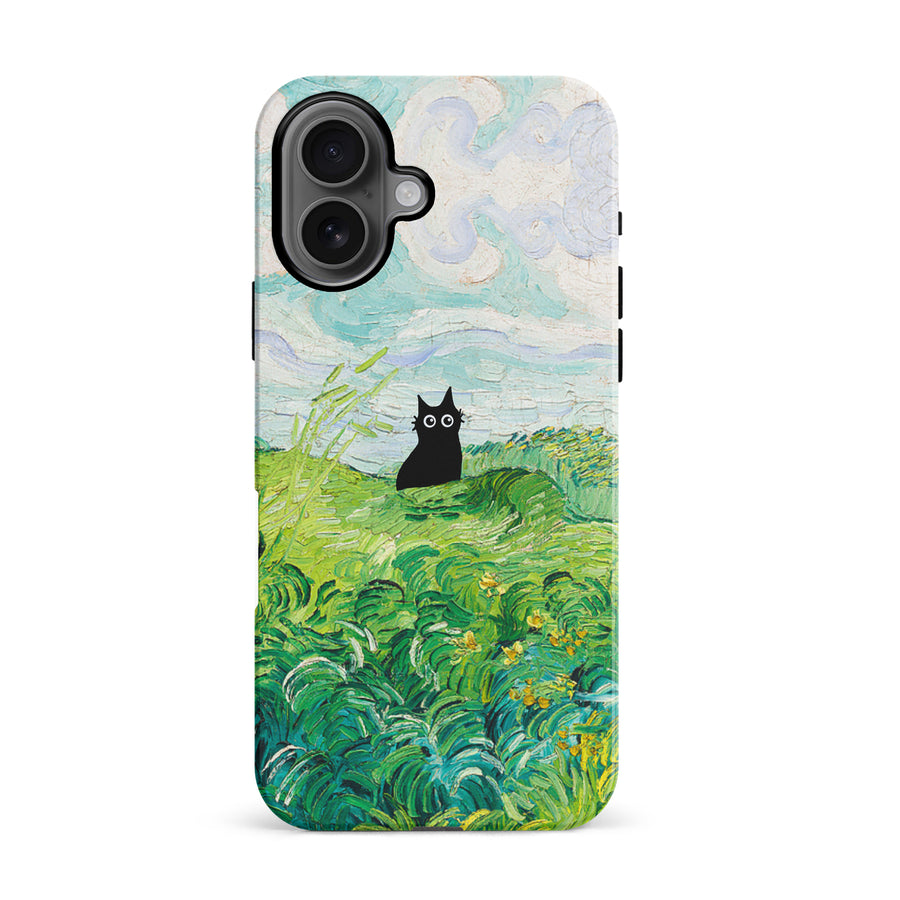 iPhone 16 Black Cat In Green Wheat Fields Phone Case