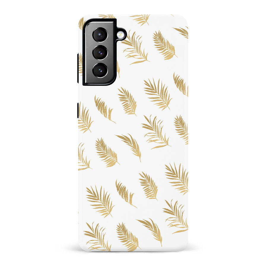 Samsung Galaxy S21 Plus gold fern leaves phone case in white