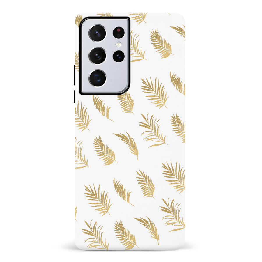 Samsung Galaxy S21 Ultra gold fern leaves phone case in white