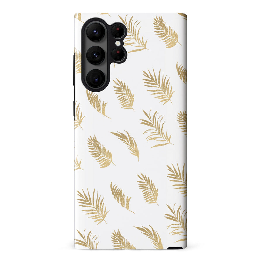 Samsung S23 Ultra Gold Fern Leaves Floral Phone Case - White
