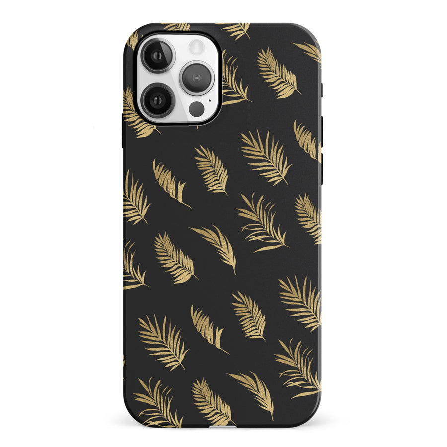 iPhone 12 gold fern leaves phone case in black