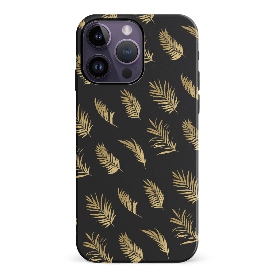 iPhone 14 Pro Max gold fern leaves phone case in black
