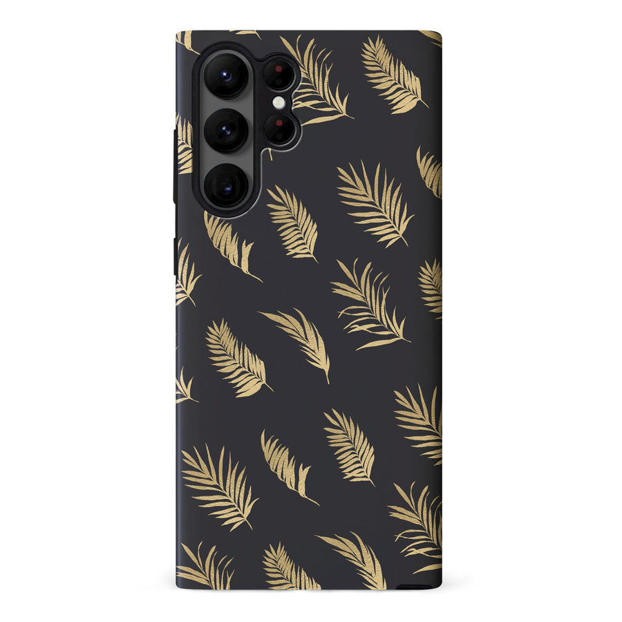 Samsung S23 Ultra Gold Fern Leaves Floral Phone Case - Black