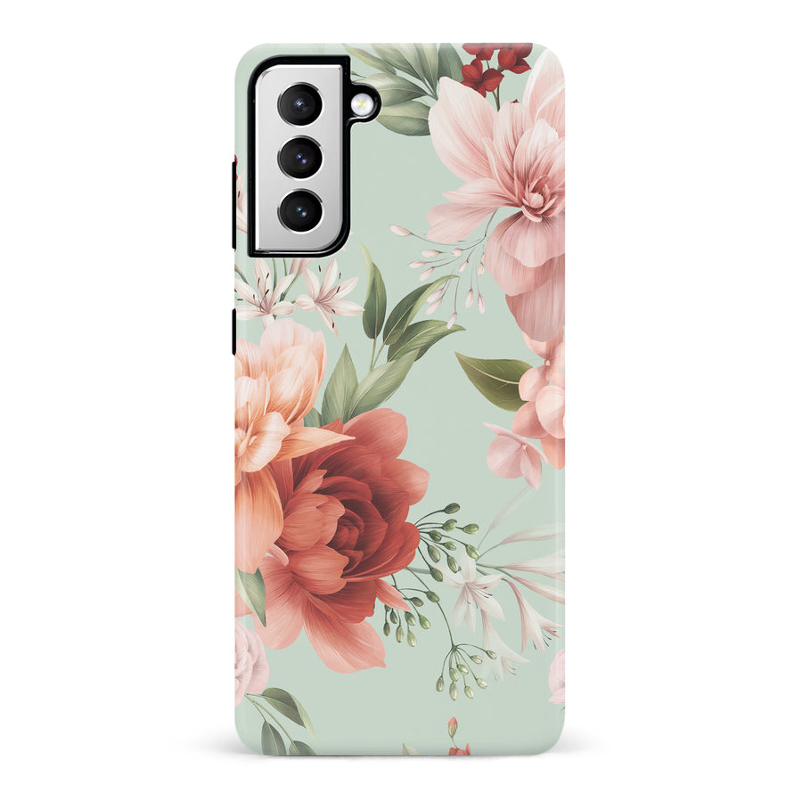 Samsung Galaxy S21 peonies one phone case in green