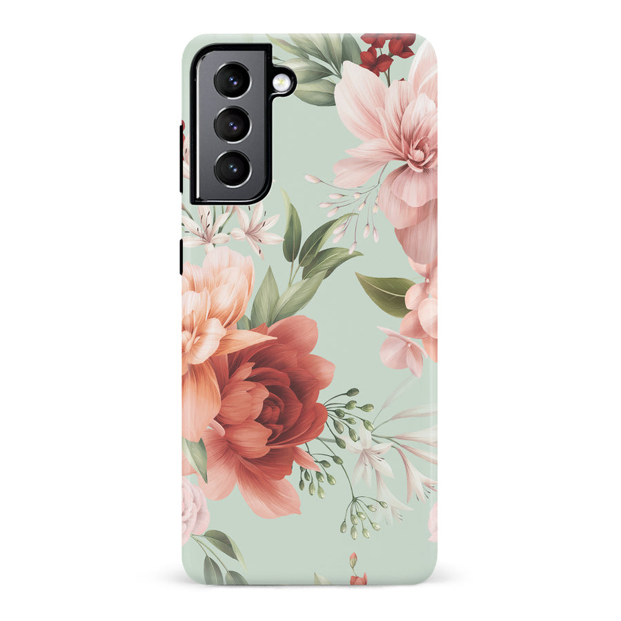 Samsung Galaxy S22 peonies one phone case in green