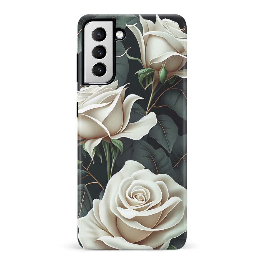Samsung Galaxy S21 White Roses Phone Case in Green