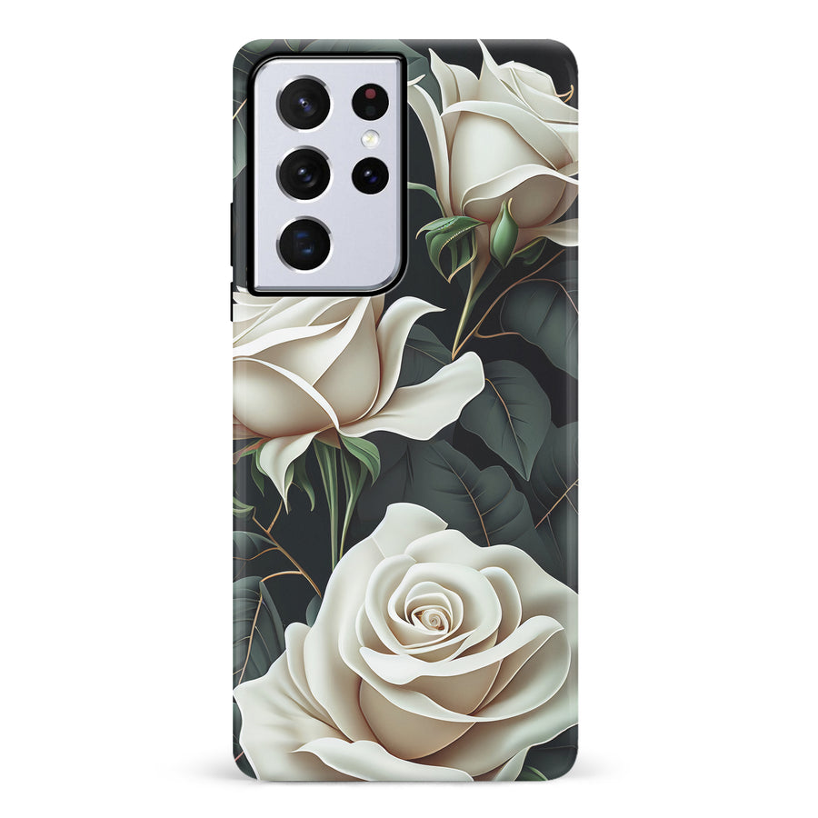 Samsung Galaxy S21 Ultra White Roses Phone Case in Green